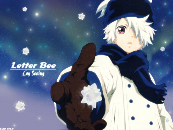 Anime picture 1600x1200 with tegami bachi lag seeing sand-heart single fringe short hair open mouth red eyes sky white hair hair over one eye copyright name snowing winter aurora borealis boy gloves scarf star (stars) coat