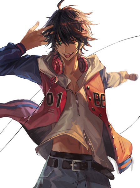 Anime picture 2022x2703 with hypnosis mic yamada ichirou (hypnosis mic) tsugutoku single tall image looking at viewer fringe highres short hair black hair simple background red eyes standing white background holding green eyes ahoge arm up mole open jacket