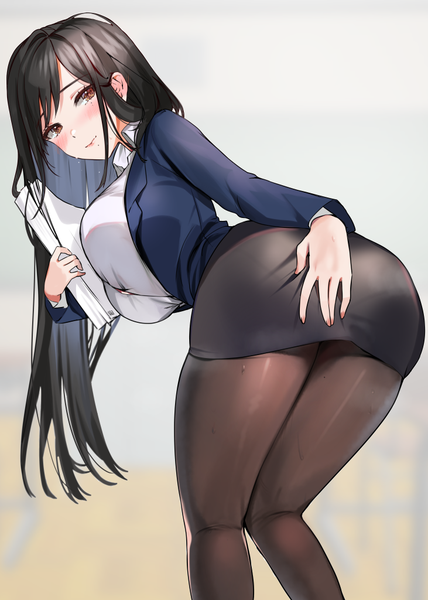Anime picture 731x1024 with original alraco single long hair tall image blush fringe breasts light erotic black hair simple background large breasts standing holding looking back from behind mole leaning leaning forward mole under eye