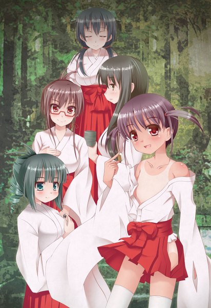 Anime picture 2432x3540 with saki iwato kasumi jindai komaki usuzumi hatsumi takimi haru karijuku tomoe megawatt (artist) long hair tall image blush highres short hair light erotic black hair red eyes brown hair bare shoulders multiple girls green eyes eyes closed