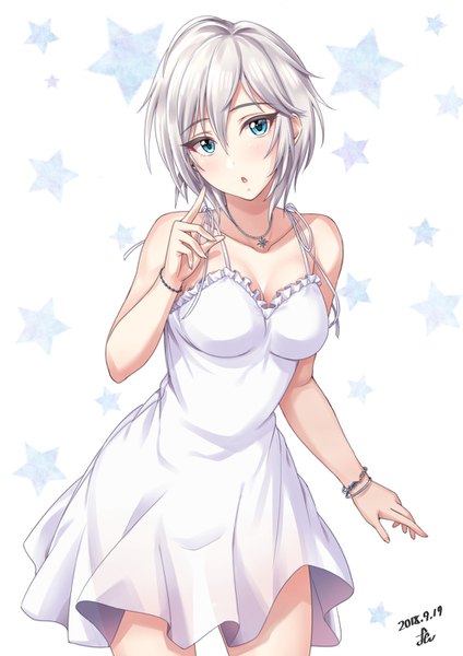 Anime-Bild 990x1400 mit idolmaster idolmaster cinderella girls anastasia (idolmaster) yoohi single tall image looking at viewer fringe short hair breasts open mouth blue eyes hair between eyes white background bare shoulders signed cleavage silver hair head tilt arm up