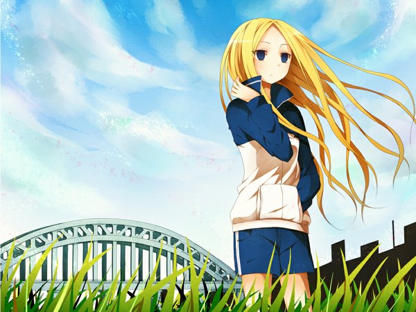 Anime picture 1024x768 with arakawa under the bridge shaft (studio) nino long hair blue eyes blonde hair sky girl plant (plants) shorts grass bridge