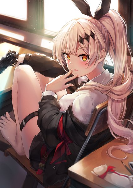 Anime picture 2476x3508 with girls frontline five-seven (girls frontline) bada (jksh5056) single long hair tall image looking at viewer blush fringe highres open mouth sitting holding yellow eyes payot silver hair ponytail indoors long sleeves looking back