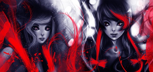 Anime picture 1313x622 with adventure time marceline (adventure time) long hair black hair wide image multiple girls red hair grey hair monochrome girl 2 girls splashes fireflies