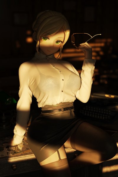 Anime picture 1333x2000 with original maocha single tall image looking at viewer blush fringe short hair light erotic blonde hair smile sitting green eyes payot indoors long sleeves arm up sunlight mole arm support
