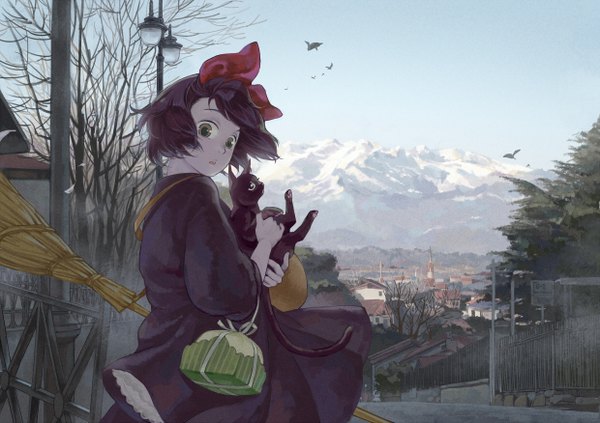 Anime picture 1240x876 with kiki's delivery service studio ghibli kiki jiji hong ling single looking at viewer short hair open mouth black hair green eyes looking back turning head mountain landscape scenic bare tree village girl dress