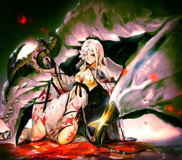 Anime picture 1500x1324 with drakengard drag-on dragoon 3 zero (drag-on dragoon) mikhail (drag-on dragoon) so-bin single long hair looking at viewer fringe breasts red eyes large breasts holding cleavage white hair lying horn (horns) hair over one eye kneeling dark background
