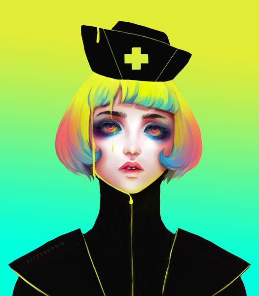 Anime picture 1024x1170 with original kittysophie single tall image short hair simple background blonde hair red eyes signed parted lips multicolored hair lips orange hair aqua hair gradient background portrait gradient hair eyeshadow yellow background green background