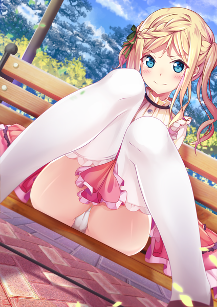 Anime picture 2480x3507 with eromanga sensei a-1 pictures chrisandita long hair tall image looking at viewer blush highres blue eyes light erotic blonde hair twintails signed sky cloud (clouds) braid (braids) pantyshot embarrassed side ponytail pantyshot sitting