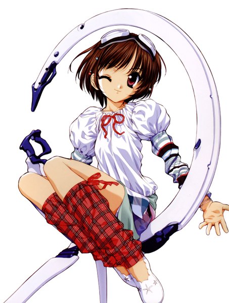 Anime picture 1134x1500 with sister princess zexcs rinrin (sister princess) tenhiro naoto single tall image short hair simple background smile brown hair white background brown eyes long sleeves one eye closed wink girl goggles