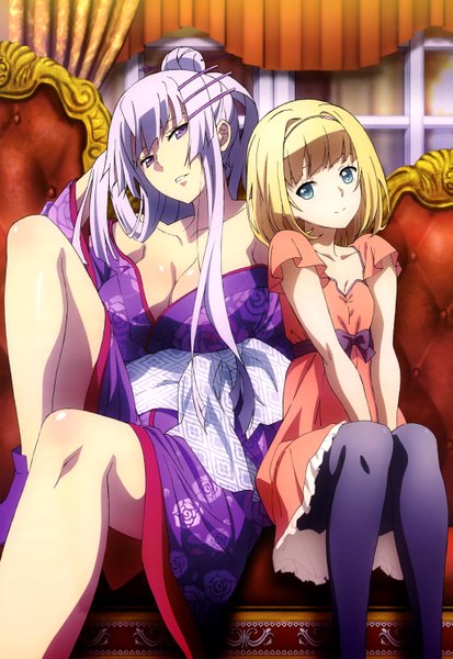Anime picture 4097x5944 with heavy object j.c. staff nyantype milinda brantini frolaytia capistrano long hair tall image looking at viewer highres blue eyes light erotic blonde hair smile sitting purple eyes multiple girls absurdres purple hair traditional clothes japanese clothes