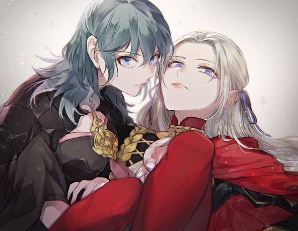 Anime picture 1200x930 with fire emblem fire emblem: three houses nintendo edelgard von hresvelg byleth (fire emblem) byleth (female) (fire emblem) shinsuke (moccori) long hair looking at viewer fringe blue eyes simple background hair between eyes purple eyes multiple girls signed payot silver hair lying parted lips