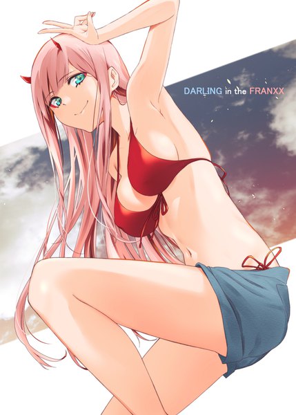 Anime picture 740x1035 with darling in the franxx studio trigger zero two (darling in the franxx) murio single long hair tall image fringe breasts light erotic smile pink hair sky cloud (clouds) bent knee (knees) arm up horn (horns) aqua eyes bare legs copyright name