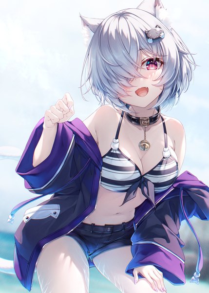 Anime picture 2591x3624 with original kuon (hasumi (hasubatake39)) hasumi (hasubatake39) single tall image looking at viewer fringe highres short hair breasts open mouth light erotic animal ears silver hair :d pink eyes hair over one eye fang (fangs) girl swimsuit
