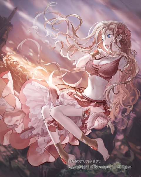 Anime picture 640x800 with original newrein (artist) single long hair tall image fringe open mouth blue eyes light erotic blonde hair sitting looking away sky cloud (clouds) braid (braids) hair flower wind arm support bare belly midriff