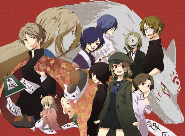 Anime picture 3175x2332 with natsume yuujinchou brains base (studio) natsume takashi natsume reiko highres red background ofuda