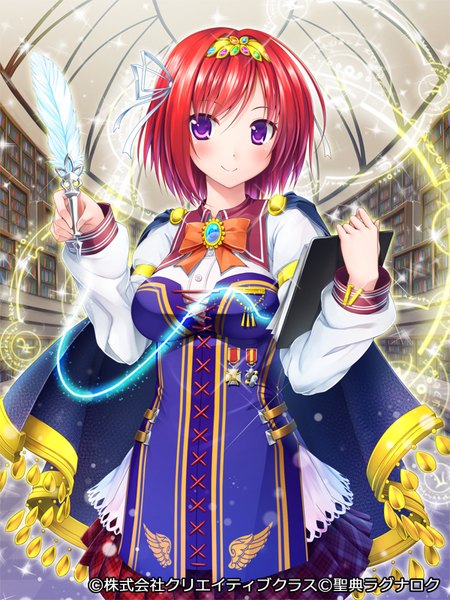 Anime picture 600x800 with seiten ragnarok pochadon single tall image looking at viewer blush short hair smile purple eyes red hair magic girl dress hairband feather (feathers)