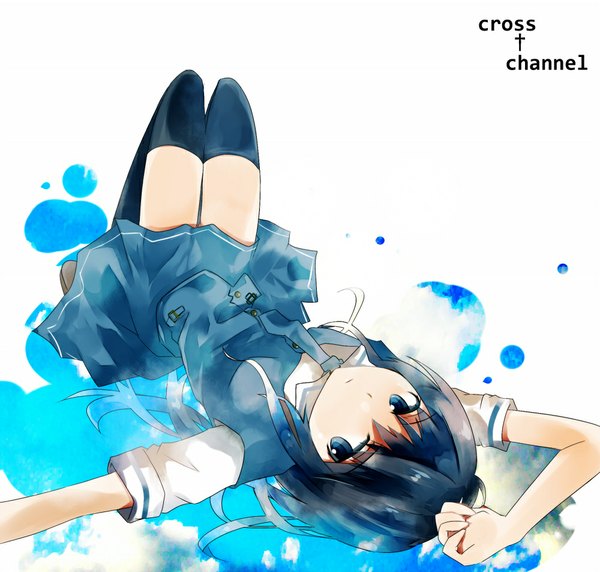 Anime picture 1000x954 with cross channel hasekura youko itoh (artist) single long hair blue eyes blue hair lying zettai ryouiki blue background girl thighhighs uniform school uniform necktie