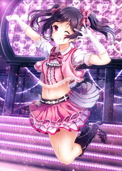Anime picture 1142x1600 with love live! school idol project sunrise (studio) love live! yazawa nico alc (ex2 lv) long hair tall image black hair red eyes twintails one eye closed wink midriff mmm girl dress gloves navel bow hair bow