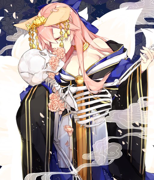 Anime picture 2125x2480 with fate (series) fate/grand order fate/extra tamamo (fate) (all) tamamo no mae (fate) miyuki (miyuki0529) single tall image highres breasts light erotic large breasts animal ears yellow eyes looking away tail traditional clothes japanese clothes animal tail hair flower