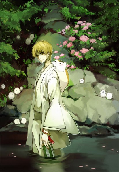 Anime picture 700x1017 with natsume yuujinchou brains base (studio) natsume takashi madara (nyanko-sensei) nanjou (sumeragimishiro) single tall image looking at viewer short hair blonde hair yellow eyes traditional clothes japanese clothes river boy flower (flowers) plant (plants) animal tree (trees) book (books)