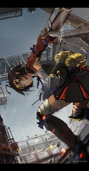 Anime picture 800x1529 with koutetsujou no kabaneri wit studio mumei (kabaneri) novelance single tall image looking at viewer fringe short hair breasts hair between eyes brown hair holding brown eyes signed sky bent knee (knees) outdoors pleated skirt looking back
