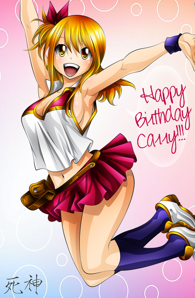 Anime picture 1971x3008 with fairy tail lucy heartfilia kurogane-raziel single long hair tall image highres open mouth blonde hair smile yellow eyes pleated skirt inscription armpit (armpits) one side up coloring pink background jumping happy birthday girl