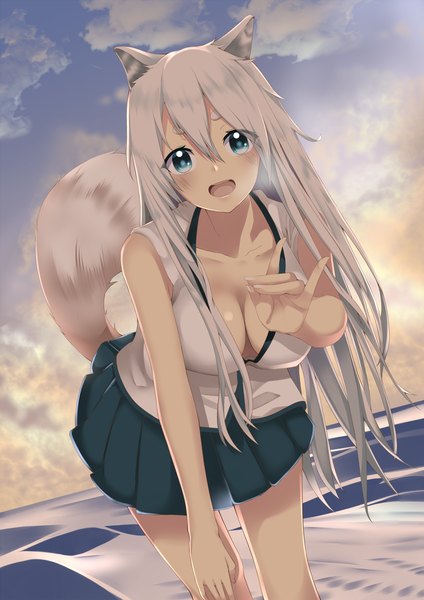 Anime picture 826x1169 with original takamiya nao single long hair tall image looking at viewer blush fringe open mouth blue eyes light erotic hair between eyes standing animal ears sky cleavage cloud (clouds) white hair tail animal tail