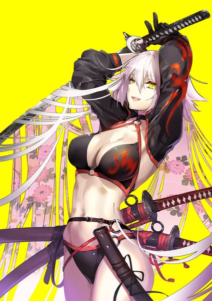 Anime picture 1000x1414 with fate (series) fate/grand order jeanne d'arc (fate) (all) jeanne d'arc alter (fate) jeanne d'arc alter (swimsuit berserker) (fate) tsurukame single tall image looking at viewer fringe breasts open mouth light erotic simple background hair between eyes standing holding yellow eyes cleavage ahoge