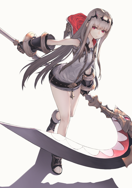 Anime picture 2893x4093 with original itaco single long hair tall image looking at viewer fringe highres simple background hair between eyes red eyes white background bare shoulders holding silver hair full body bent knee (knees) blunt bangs bare legs shadow