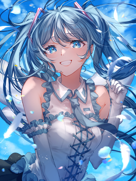 Anime picture 3600x4800 with vocaloid hatsune miku yuzuha wasa single long hair tall image looking at viewer fringe highres blue eyes smile hair between eyes twintails bare shoulders blue hair absurdres sky upper body teeth grin