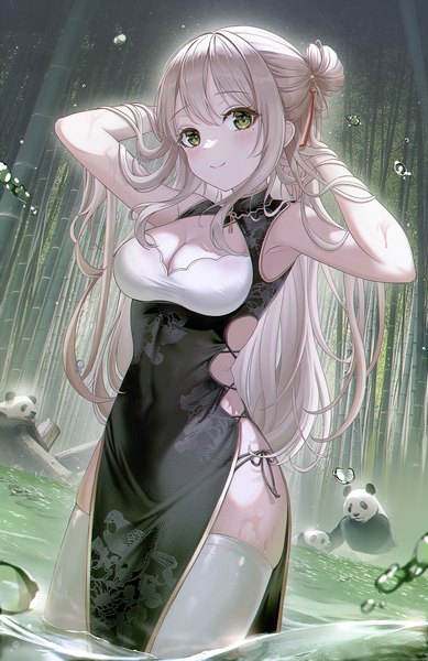 Anime picture 2705x4172 with original pora 0918 single long hair tall image looking at viewer fringe highres breasts light erotic blonde hair smile hair between eyes large breasts standing green eyes cleavage outdoors traditional clothes mole