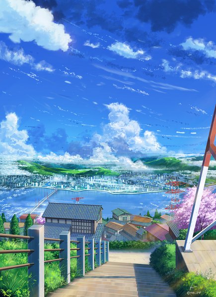 Anime picture 1088x1500 with original niko p tall image sky cloud (clouds) sunlight cherry blossoms city horizon cityscape no people landscape sunbeam river street plant (plants) tree (trees) building (buildings) house roof