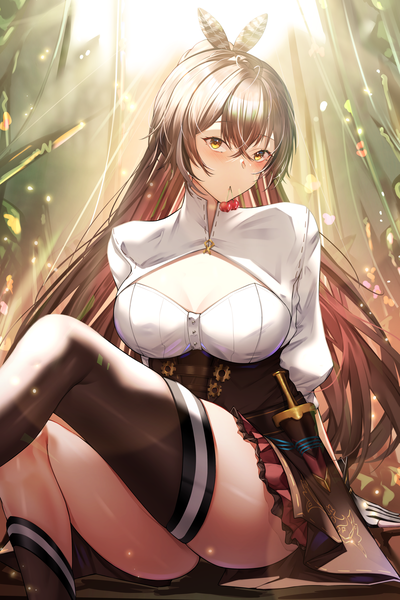 Anime picture 2347x3522 with virtual youtuber hololive hololive english nanashi mumei nanashi mumei (1st costume) misa pika single long hair tall image looking at viewer blush fringe highres breasts light erotic hair between eyes brown hair large breasts sitting holding