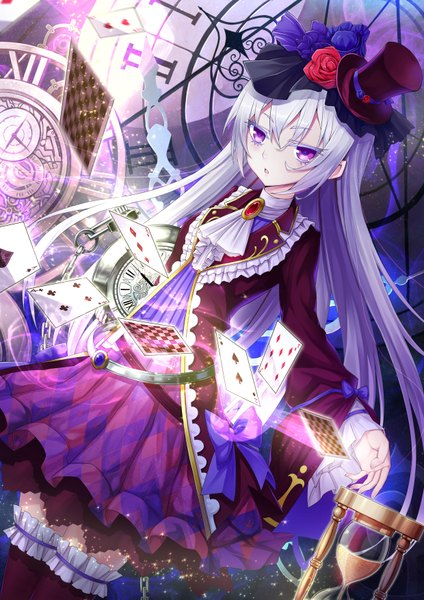 Anime picture 2480x3507 with original ling si single long hair tall image looking at viewer fringe highres open mouth purple eyes silver hair white hair multicolored hair hair flower magic reflection gradient hair eyebrows girl thighhighs