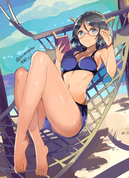 Anime picture 1046x1440 with kantai collection kirishima battleship mizuta kenji (suidengetsu) single tall image looking at viewer short hair blue eyes light erotic smile signed sky cloud (clouds) lying grey hair bare belly on back beach girl navel