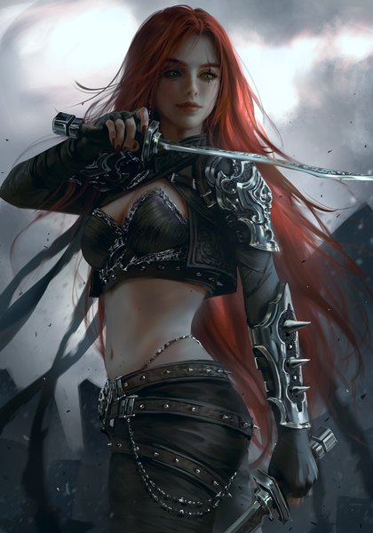 Anime picture 4550x6500 with league of legends katarina (league of legends) nixeu single long hair tall image fringe highres breasts standing holding green eyes looking away absurdres red hair nail polish arm up fingernails realistic open jacket