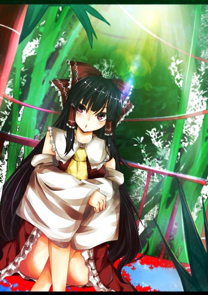 Anime picture 2000x2828 with touhou hakurei reimu benio (dontsugel) long hair tall image looking at viewer blush highres open mouth black hair red eyes sitting japanese clothes crossed legs miko girl bow plant (plants) hair bow detached sleeves