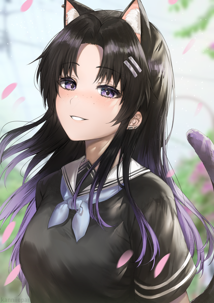 Anime picture 1972x2798 with original kannie (kanniiepan) kanniiepan single long hair tall image looking at viewer fringe highres black hair smile purple eyes signed animal ears purple hair upper body tail parted lips animal tail multicolored hair
