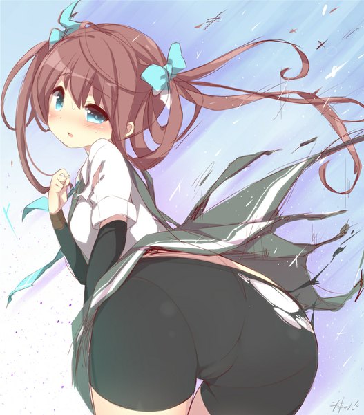 Anime picture 878x1000 with kantai collection asagumo (kantai collection) watanohara single long hair tall image looking at viewer blush fringe open mouth light erotic brown hair standing twintails signed sky ahoge pleated skirt looking back aqua eyes