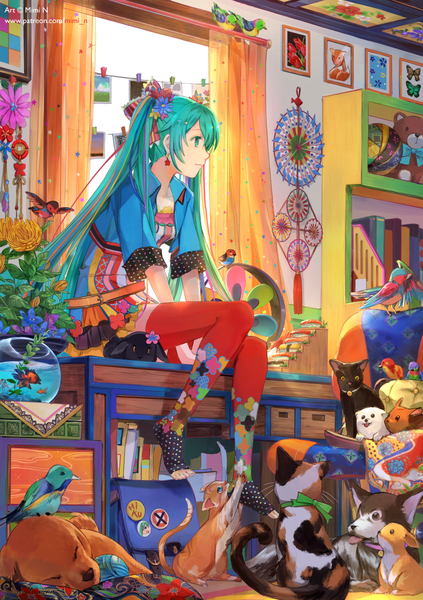 Anime picture 847x1200 with vocaloid hatsune miku mimi n (futarinokizuna) single tall image sitting twintails signed looking away indoors very long hair profile hair flower aqua eyes aqua hair inscription short sleeves alternate costume colorful girl