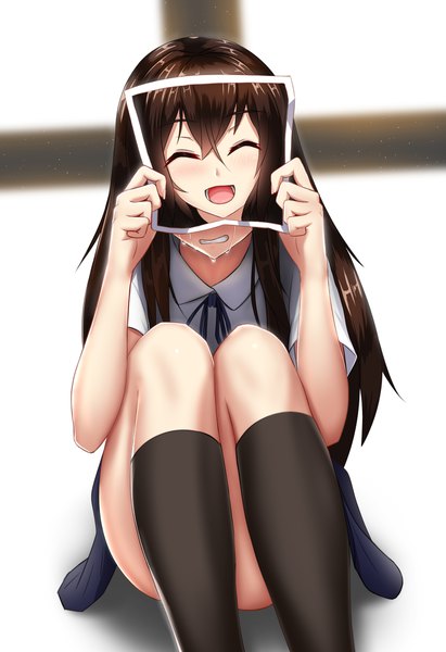 Anime picture 1536x2240 with original nekoda (maoda) single long hair tall image blush fringe open mouth smile hair between eyes brown hair sitting holding bent knee (knees) eyes closed shadow tears covering ^ ^ crying