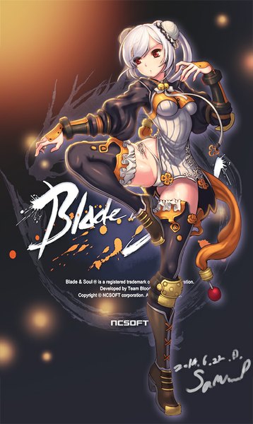 Anime picture 600x1003 with blade & soul ecell (artist) tall image blush short hair breasts light erotic red eyes looking away white hair cameltoe fighting stance girl underwear panties clothes