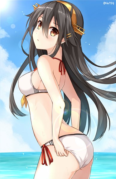 Anime picture 749x1160 with kantai collection haruna battleship rin yuu single long hair tall image looking at viewer blush light erotic black hair hair between eyes bare shoulders brown eyes signed sky cloud (clouds) hands behind back adjusting swimsuit girl hair ornament