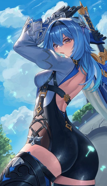 Anime picture 2306x4000 with genshin impact eula lawrence takinashi (friend coffee) single long hair tall image looking at viewer blush fringe highres open mouth light erotic hair between eyes standing holding brown eyes blue hair sky cloud (clouds) outdoors