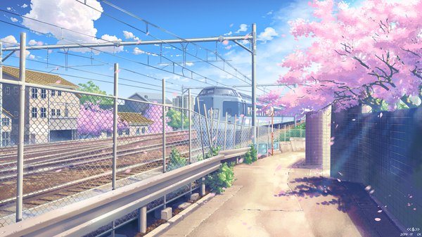 Anime picture 1920x1080 with original yuko-san highres wide image sky cloud (clouds) outdoors sunlight shadow cherry blossoms no people landscape sunbeam scenic plant (plants) petals tree (trees) building (buildings) fence house