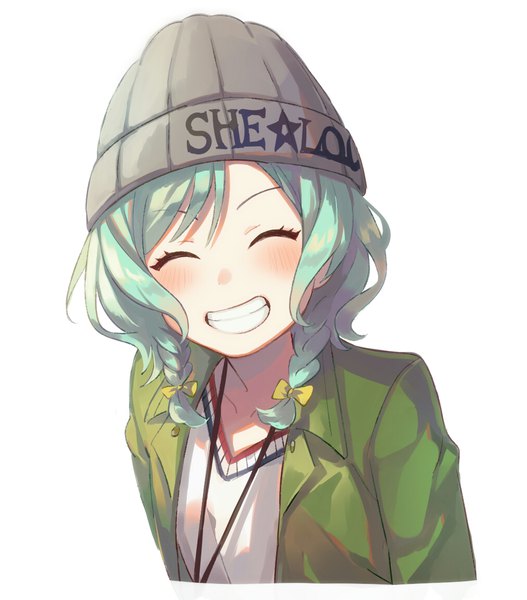 Anime picture 1010x1150 with bang dream! hikawa hina unapoppo single tall image looking at viewer blush short hair simple background smile white background upper body braid (braids) eyes closed aqua hair twin braids grin ^ ^ girl cap