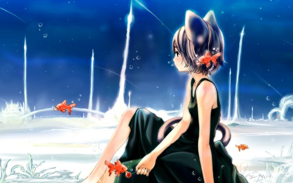 Anime picture 1920x1200 with houden eizou kuryuki blush highres short hair wide image animal ears animal tail profile underwater girl dress bubble (bubbles) fish (fishes)