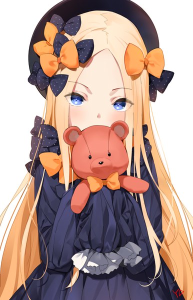 Anime picture 2079x3232 with fate (series) fate/grand order abigail williams (fate) yd (orange maru) single long hair tall image looking at viewer blush highres blue eyes blonde hair simple background standing white background holding signed upper body sleeves past wrists covered mouth
