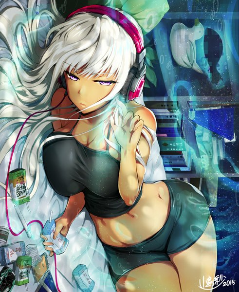 Anime picture 700x854 with original kojima saya single long hair tall image looking at viewer fringe breasts light erotic large breasts purple eyes bare shoulders holding signed white hair no bra bare belly bare legs sleeveless dark skin